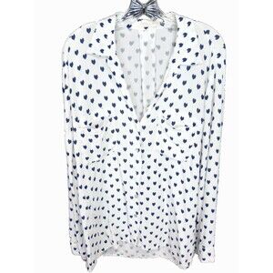 Just Living Women's Collared Roll Up Sleeve Cute Heart Print Button Close Size L